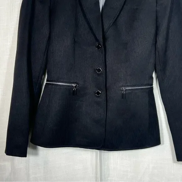 Tahari ASL Black Shadow Striped Button Front Zipper Pocket Blazer Jacket SZ 0P - Picture 4 of 7